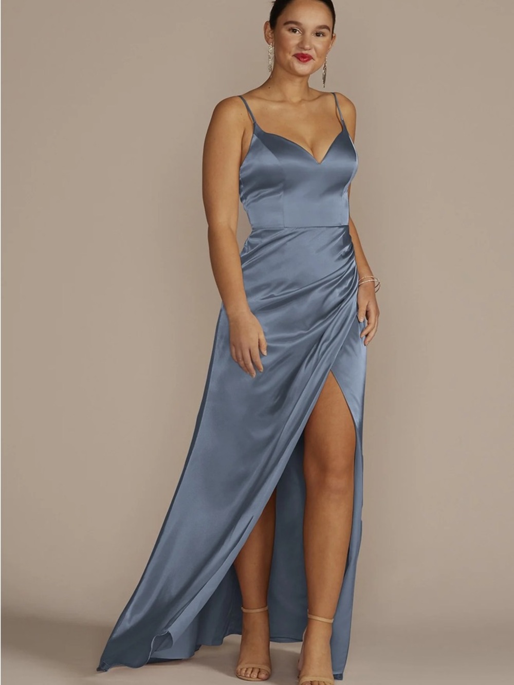 Galina Signature Steel blue Spaghetti Strap Draped Charmeuse Dress